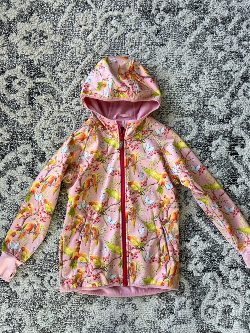 Girls Pink Parrot Print Hooded Jacket